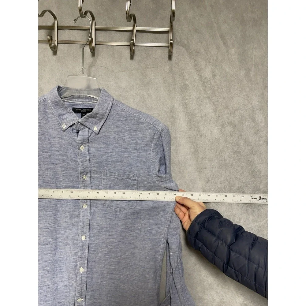 Banana Republic Shirt Men M Blue Linen Cotton Slim Button Up‎ Academia Vacation